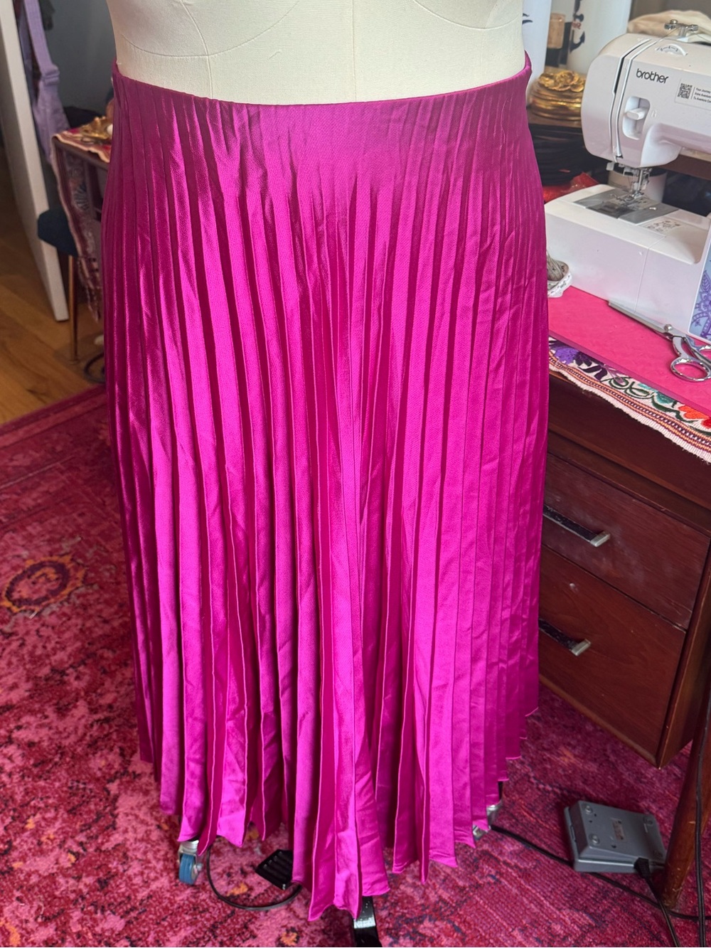 Zara Fuschua Satin Pleated Midi Skirt